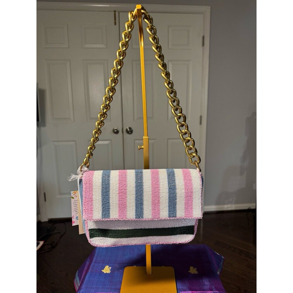 NWT Handcrafted in India Beaded Candy Stripe Chain Shoulder Bag